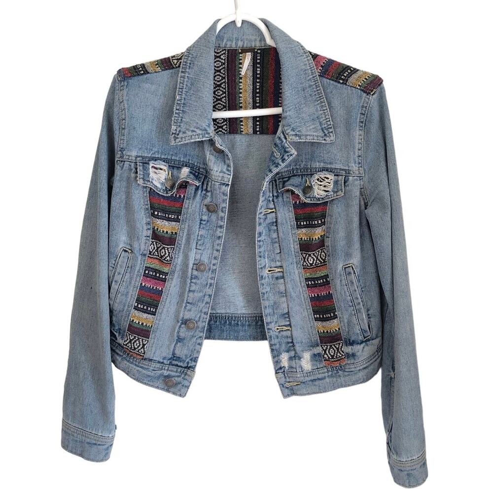 Free People Denim Jean Jacket Boho Aztec Mexican Blanket Distressed Size 6